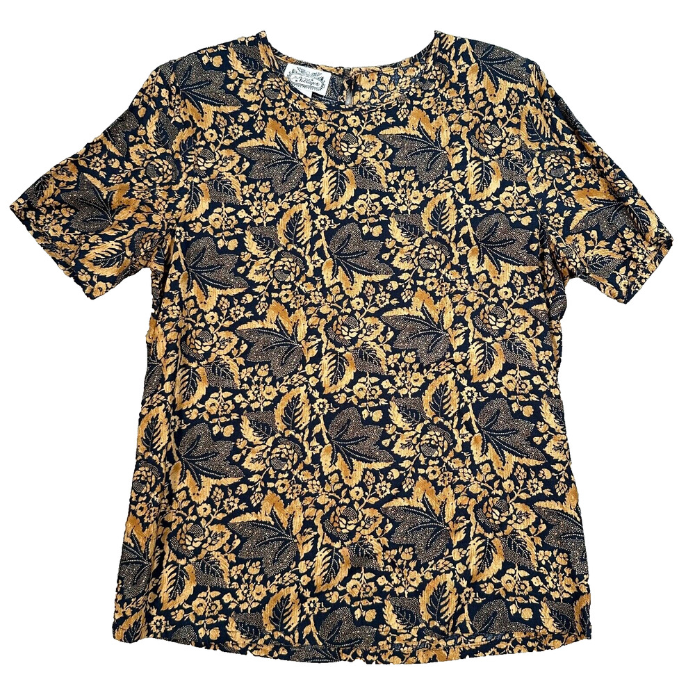 Vintage Villager Navy and Gold Blouse Women's Small Shoulder Pads Leaf Pattern